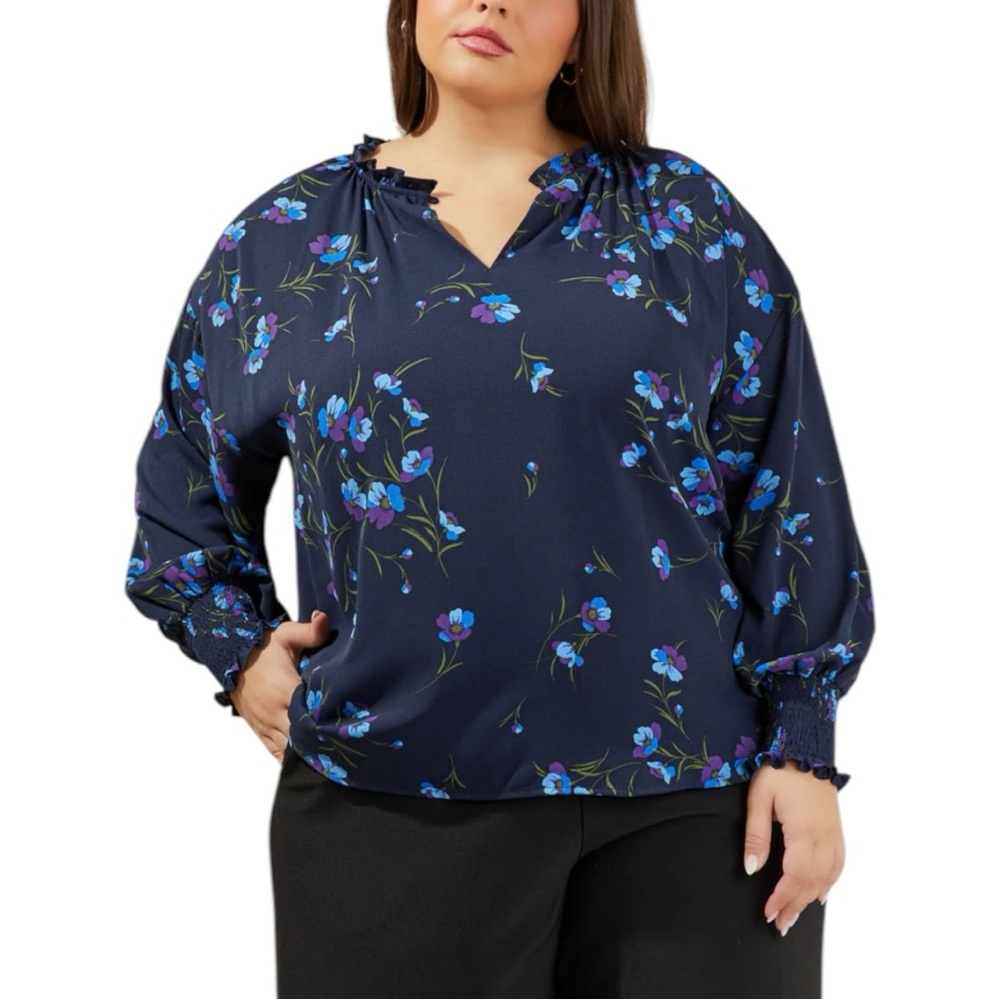 Sugarlips Torun Floral Split Neck Blouse size 1X Navy/Purple NWT Long Sleeve